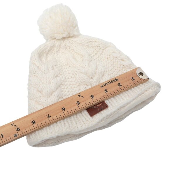 Cable Knit Winter Hat Toque & Mittens Pom Cream Leather Elk Deer Antler Patch - Picture 4 of 10